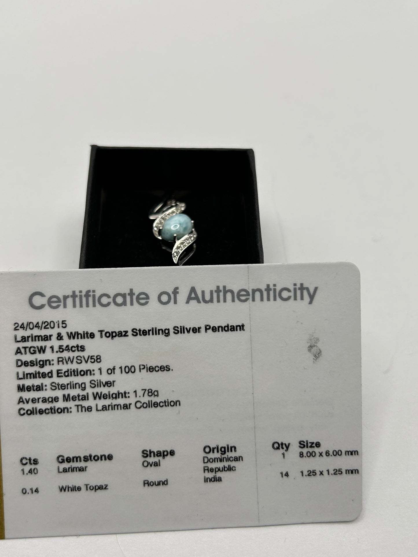 Exquisite Larimar & White Topaz Sterling Silver Pendant - With Certificate