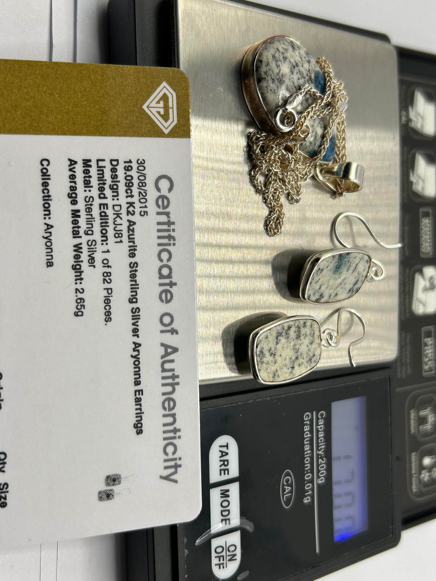 K2 Azurite Sterling Silver Matching Set - Necklace & Earrings (16.25g TW) - With COA!