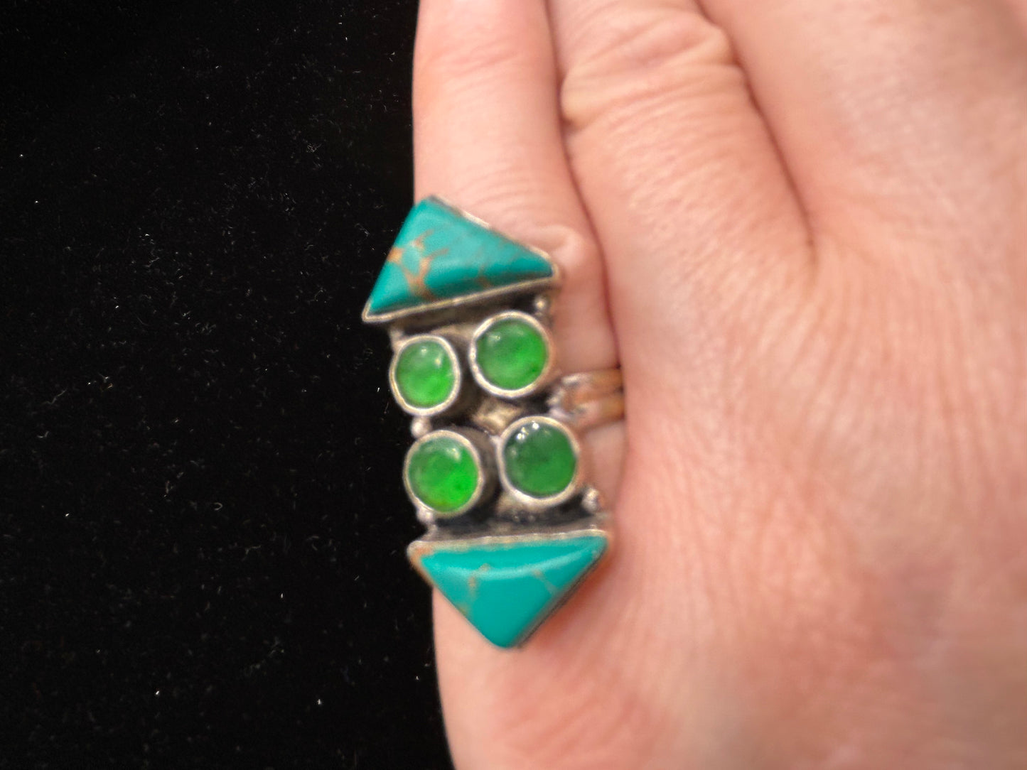 Unique Vintage 925 Sterling Silver Ring with Turquoise & Green Stones | Size L