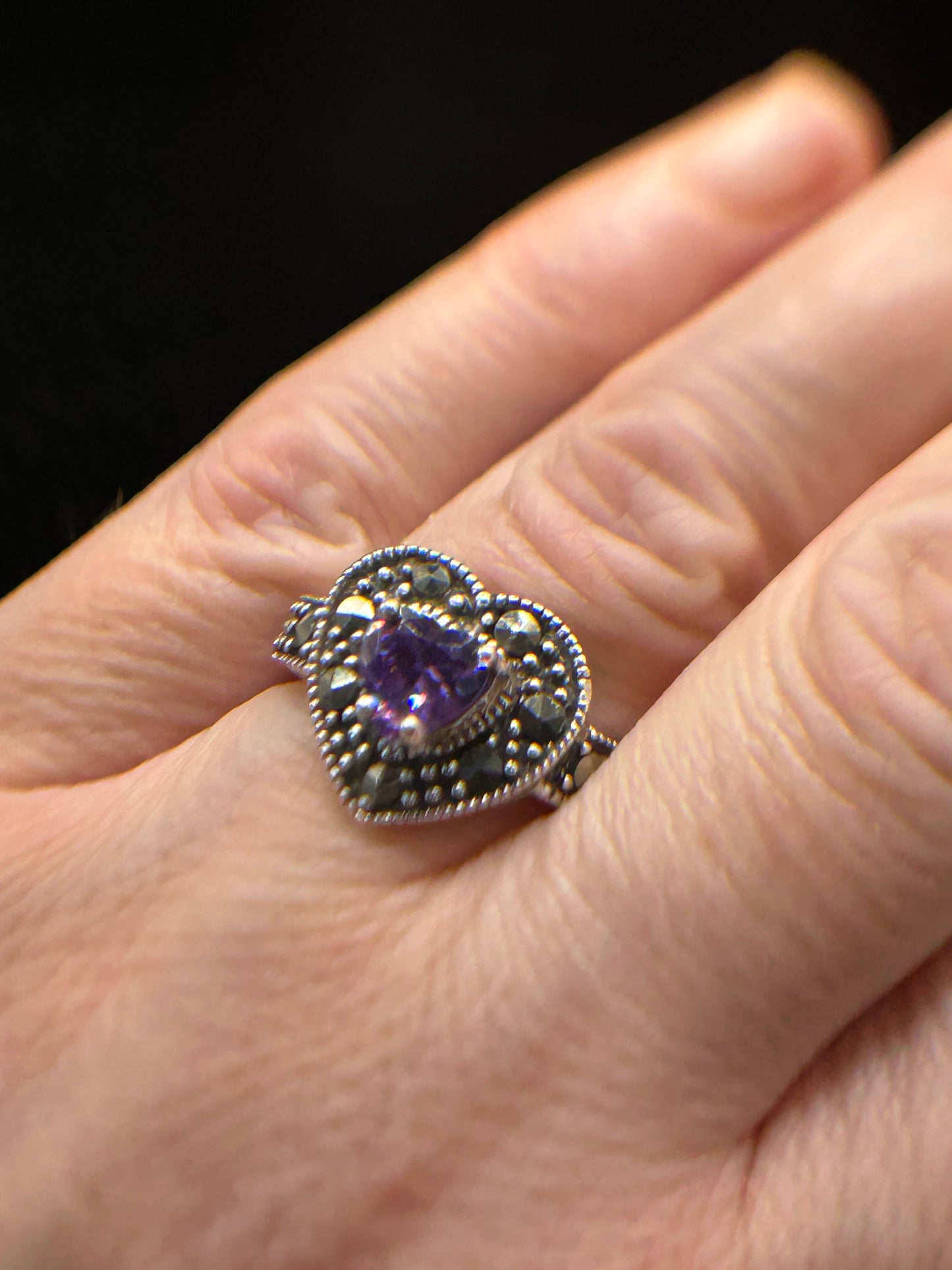 Stunning Silver Marcasite & CZ Heart Ring