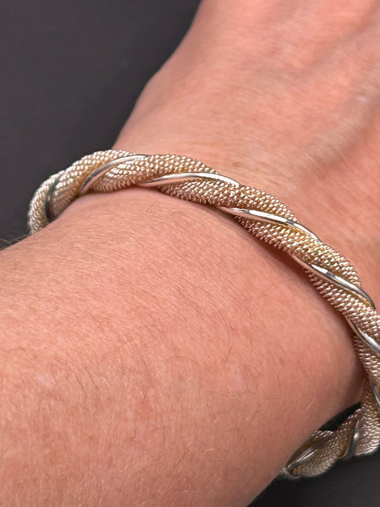 Substantial Twisted Sterling Silver & Gold Tone Bangle (12g)