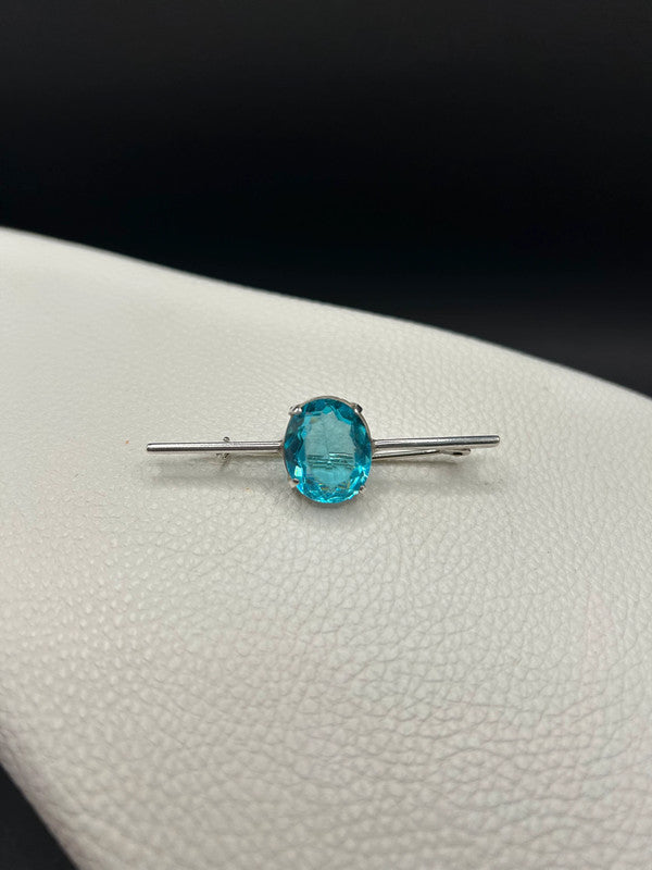 Vintage Sterling Silver & Blue Glass Brooch – 5.4g – 5cm Long – Elegant Bar Pin