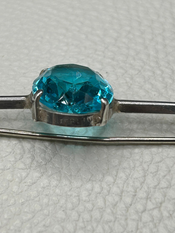 Vintage Sterling Silver & Blue Glass Brooch – 5.4g – 5cm Long – Elegant Bar Pin