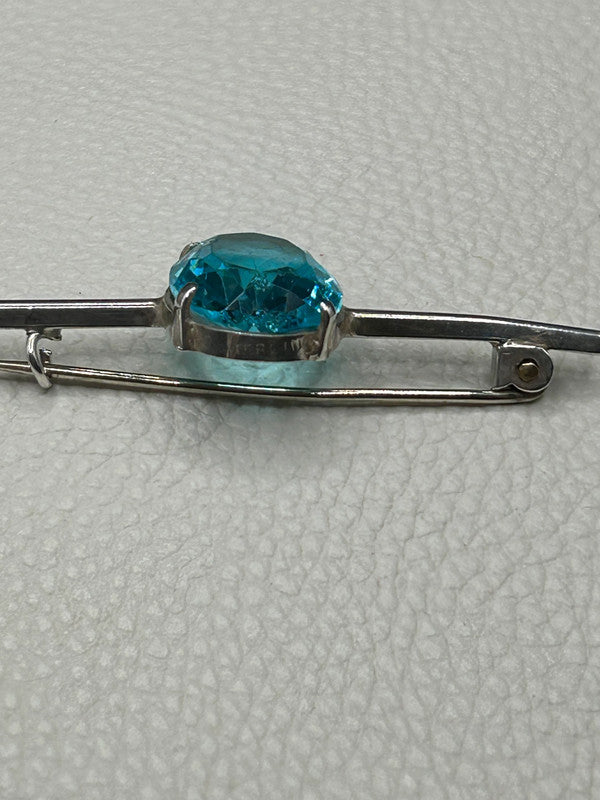 Vintage Sterling Silver & Blue Glass Brooch – 5.4g – 5cm Long – Elegant Bar Pin