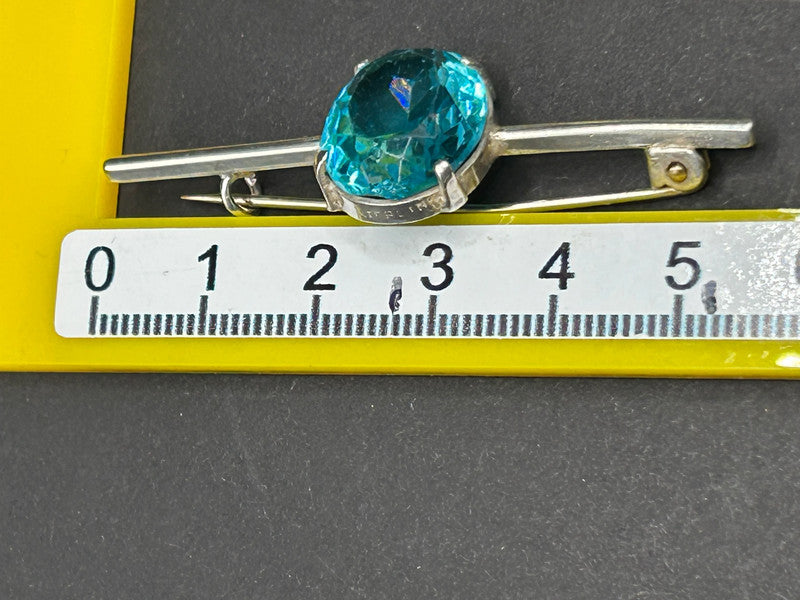 Vintage Sterling Silver & Blue Glass Brooch – 5.4g – 5cm Long – Elegant Bar Pin