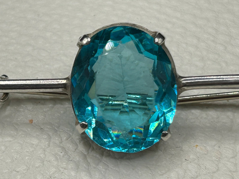 Vintage Sterling Silver & Blue Glass Brooch – 5.4g – 5cm Long – Elegant Bar Pin