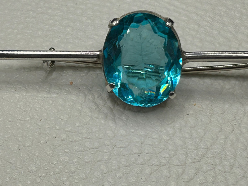 Vintage Sterling Silver & Blue Glass Brooch – 5.4g – 5cm Long – Elegant Bar Pin