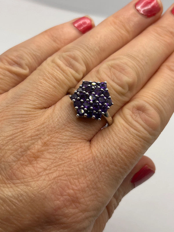 Amethyst Cluster Sterling Silver Ring - Size R - With Certificate
