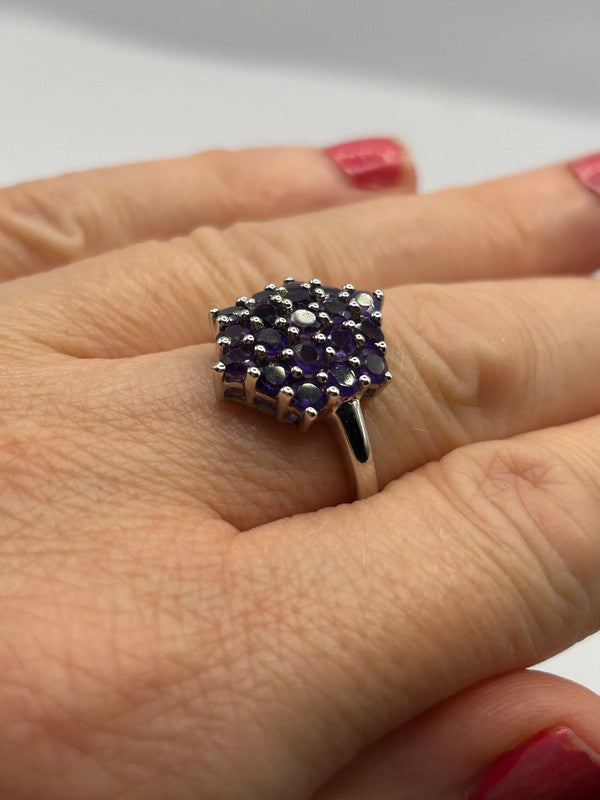 Amethyst Cluster Sterling Silver Ring - Size R - With Certificate