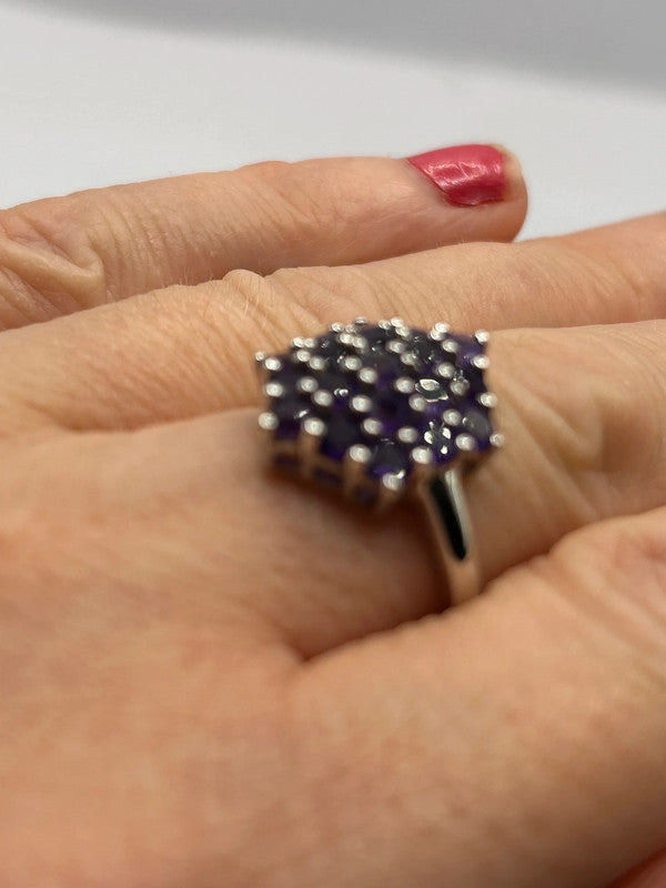 Amethyst Cluster Sterling Silver Ring - Size R - With Certificate