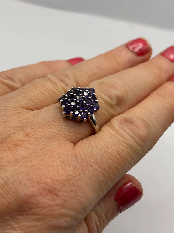 Amethyst Cluster Sterling Silver Ring - Size R - With Certificate