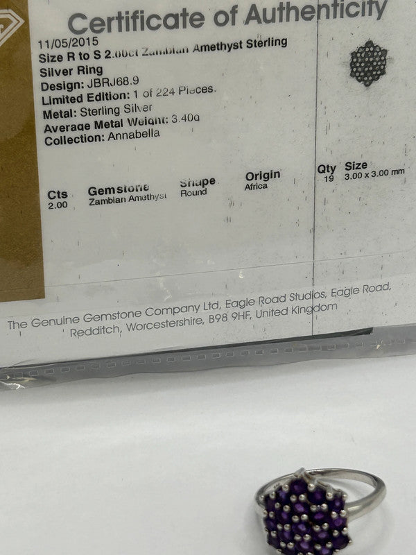 Amethyst Cluster Sterling Silver Ring - Size R - With Certificate