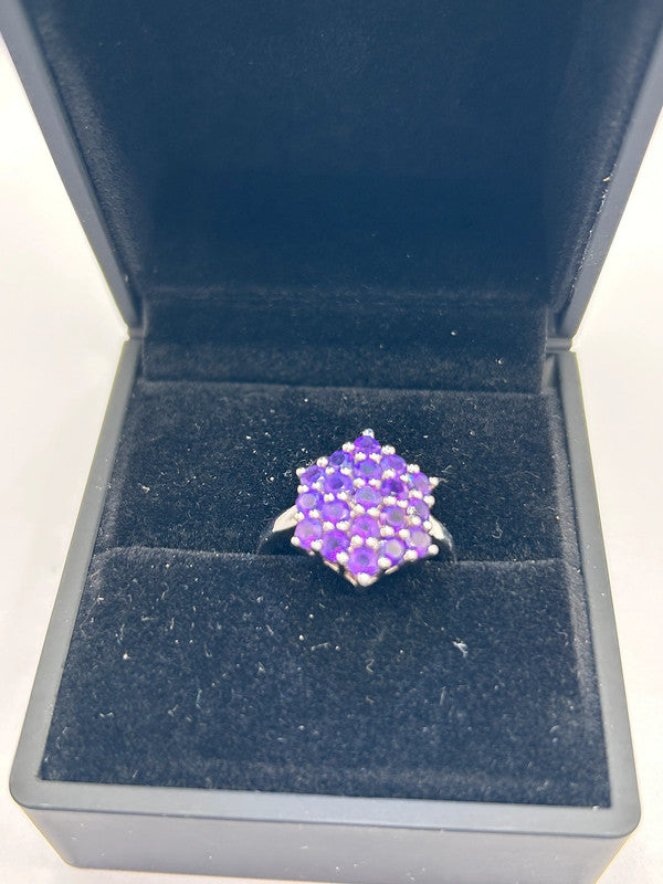 Amethyst Cluster Sterling Silver Ring - Size R - With Certificate