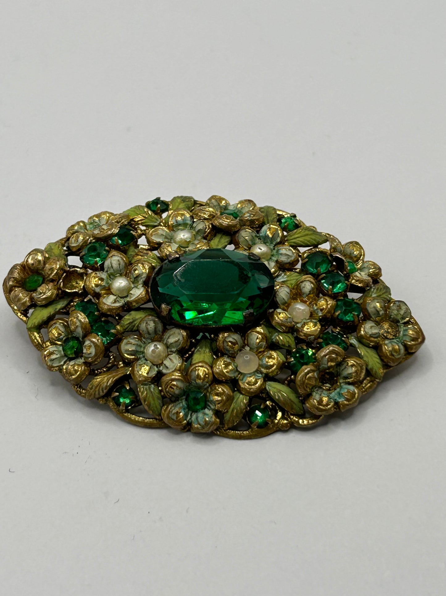 Vintage Green Glass Enamel & Pearl Floral Statement Brooch Gold Tone