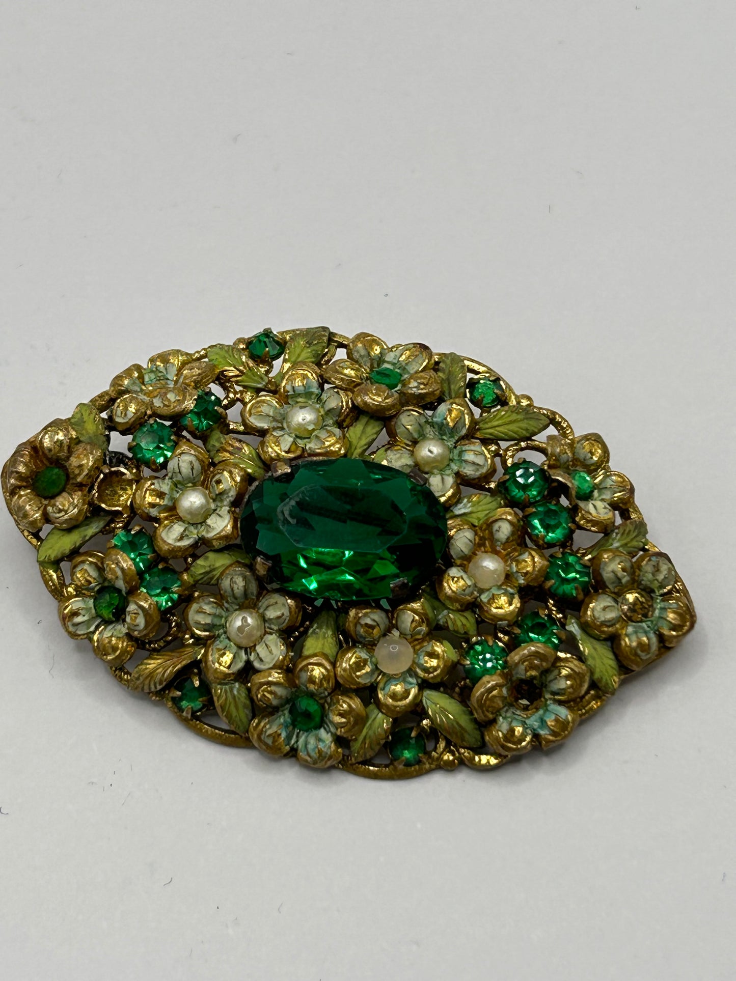 Vintage Green Glass Enamel & Pearl Floral Statement Brooch Gold Tone
