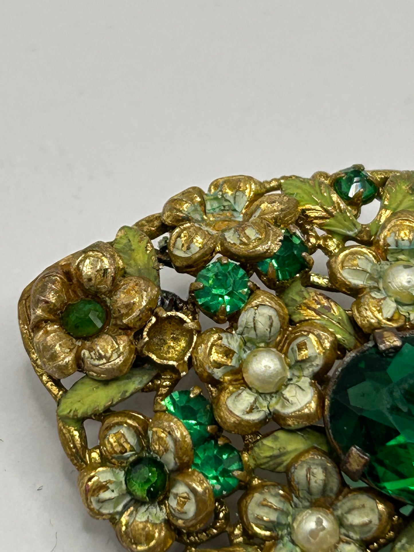 Vintage Green Glass Enamel & Pearl Floral Statement Brooch Gold Tone