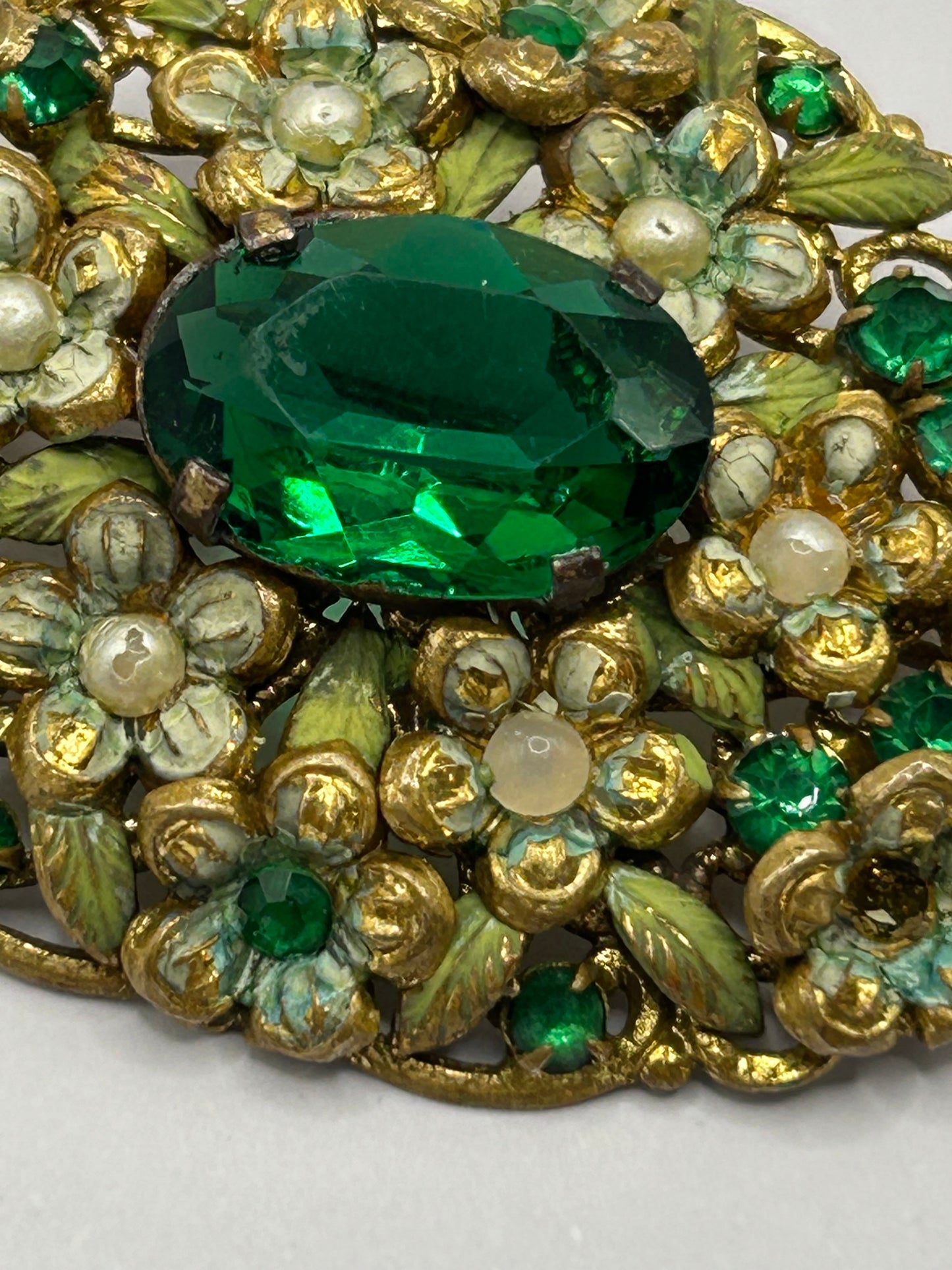 Vintage Green Glass Enamel & Pearl Floral Statement Brooch Gold Tone
