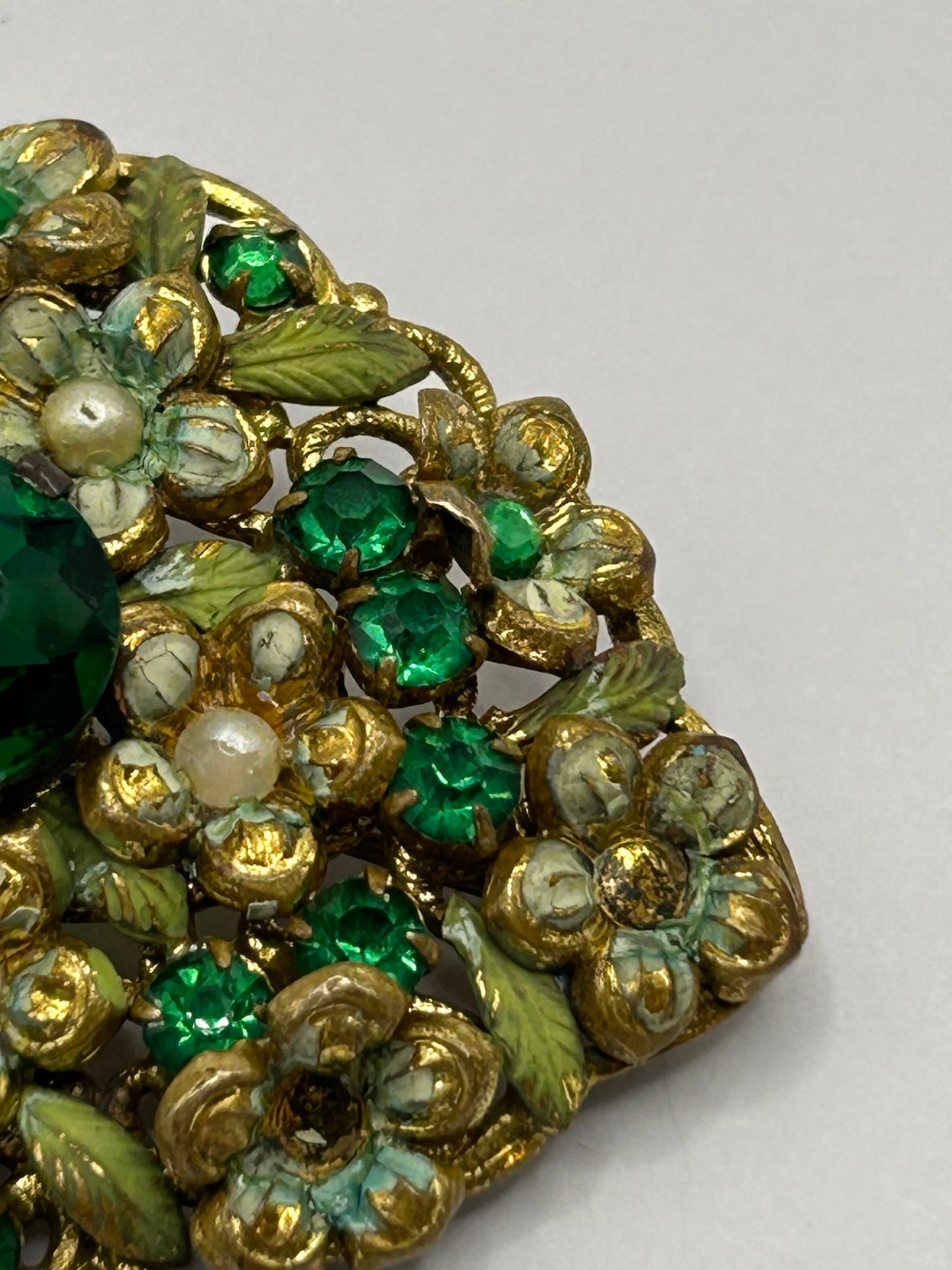 Vintage Green Glass Enamel & Pearl Floral Statement Brooch Gold Tone