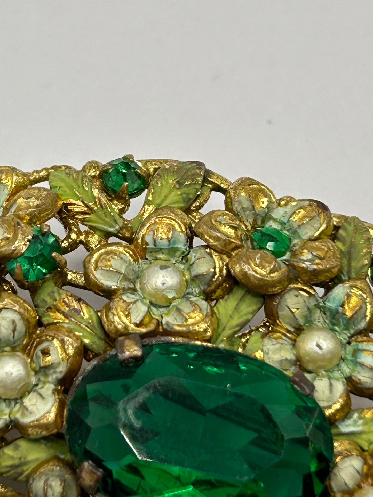 Vintage Green Glass Enamel & Pearl Floral Statement Brooch Gold Tone