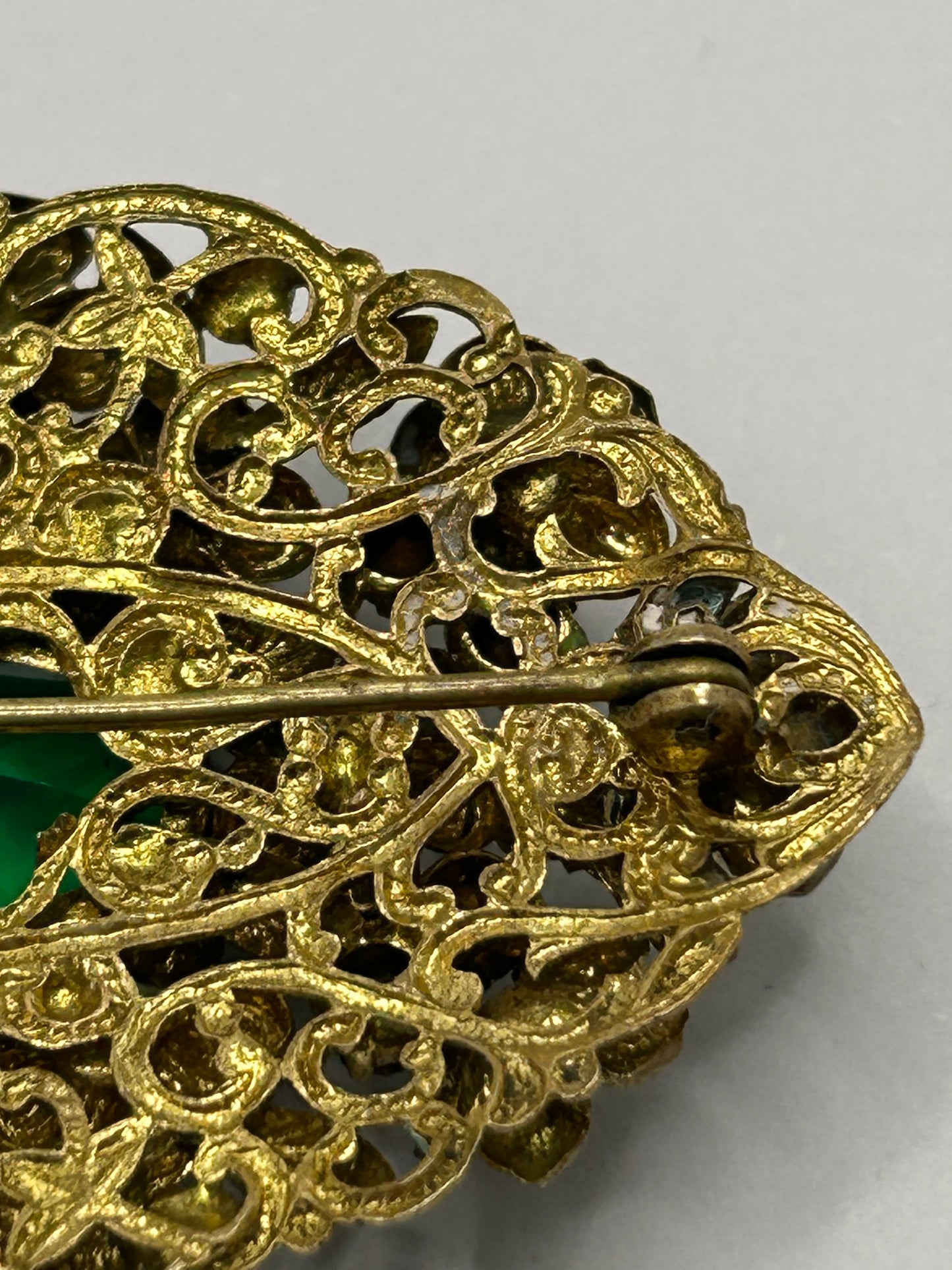 Vintage Green Glass Enamel & Pearl Floral Statement Brooch Gold Tone