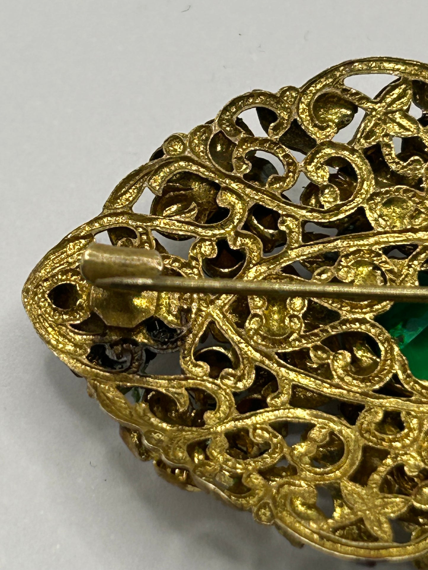 Vintage Green Glass Enamel & Pearl Floral Statement Brooch Gold Tone