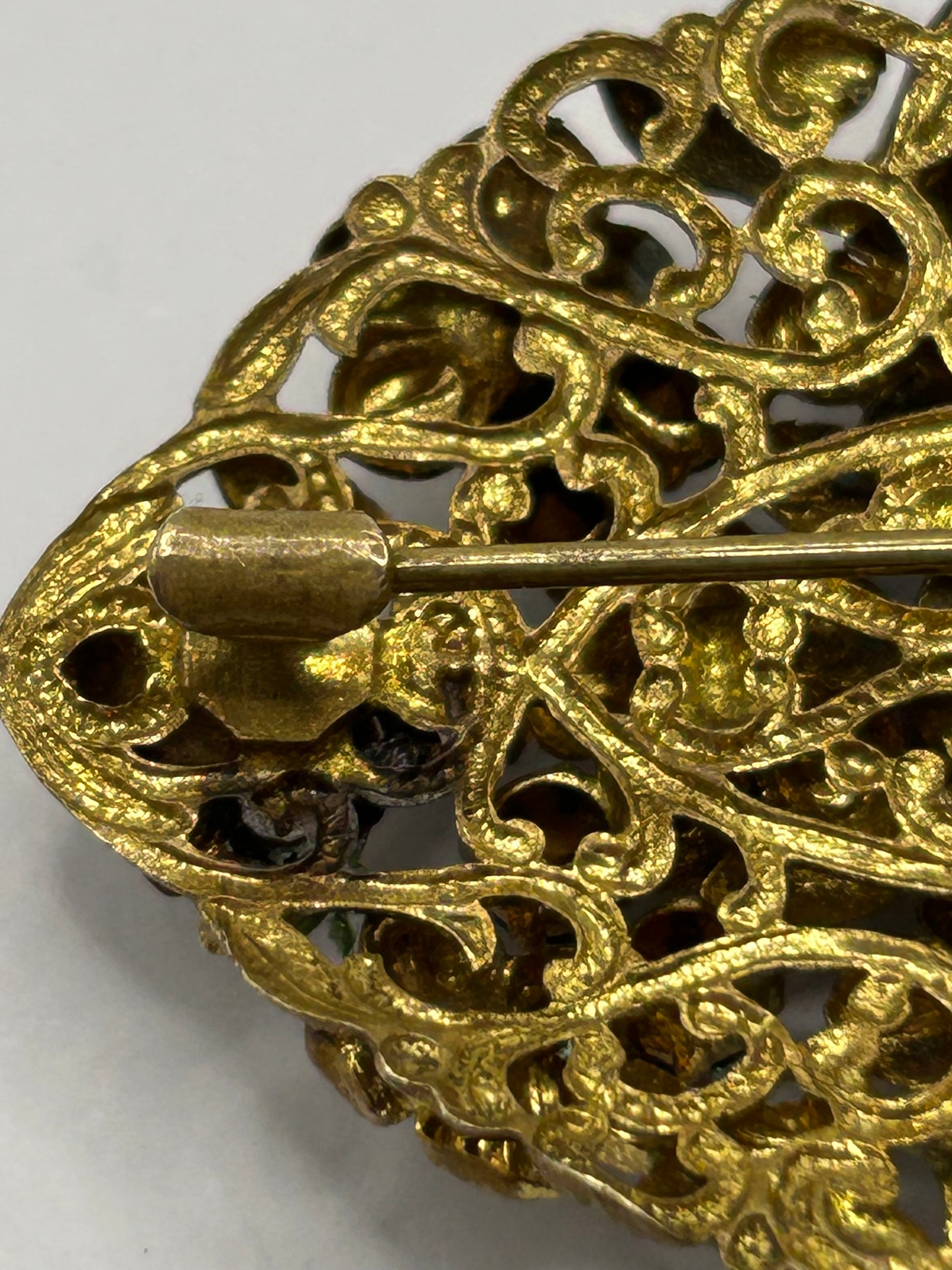 Vintage Green Glass Enamel & Pearl Floral Statement Brooch Gold Tone