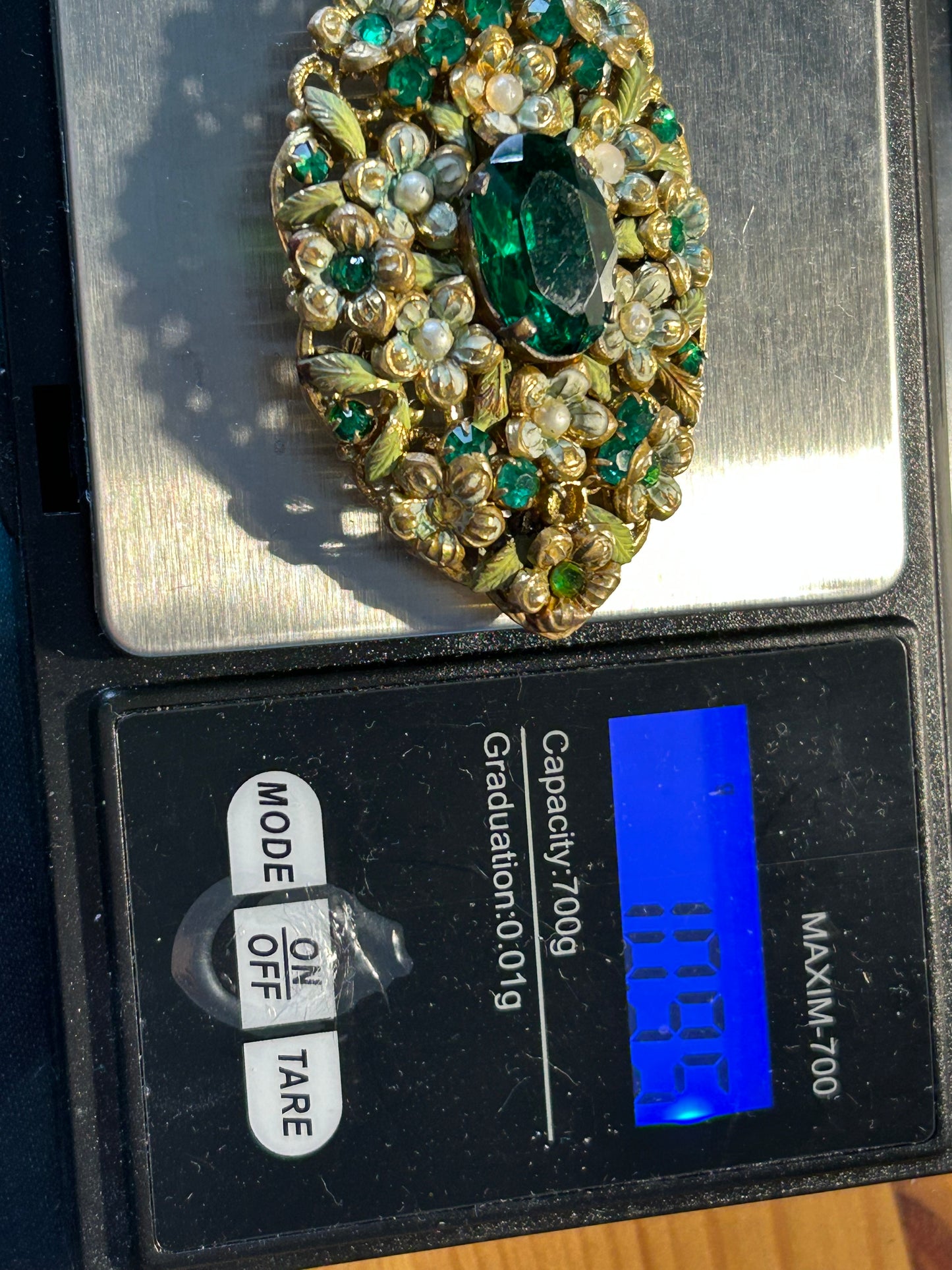 Vintage Green Glass Enamel & Pearl Floral Statement Brooch Gold Tone