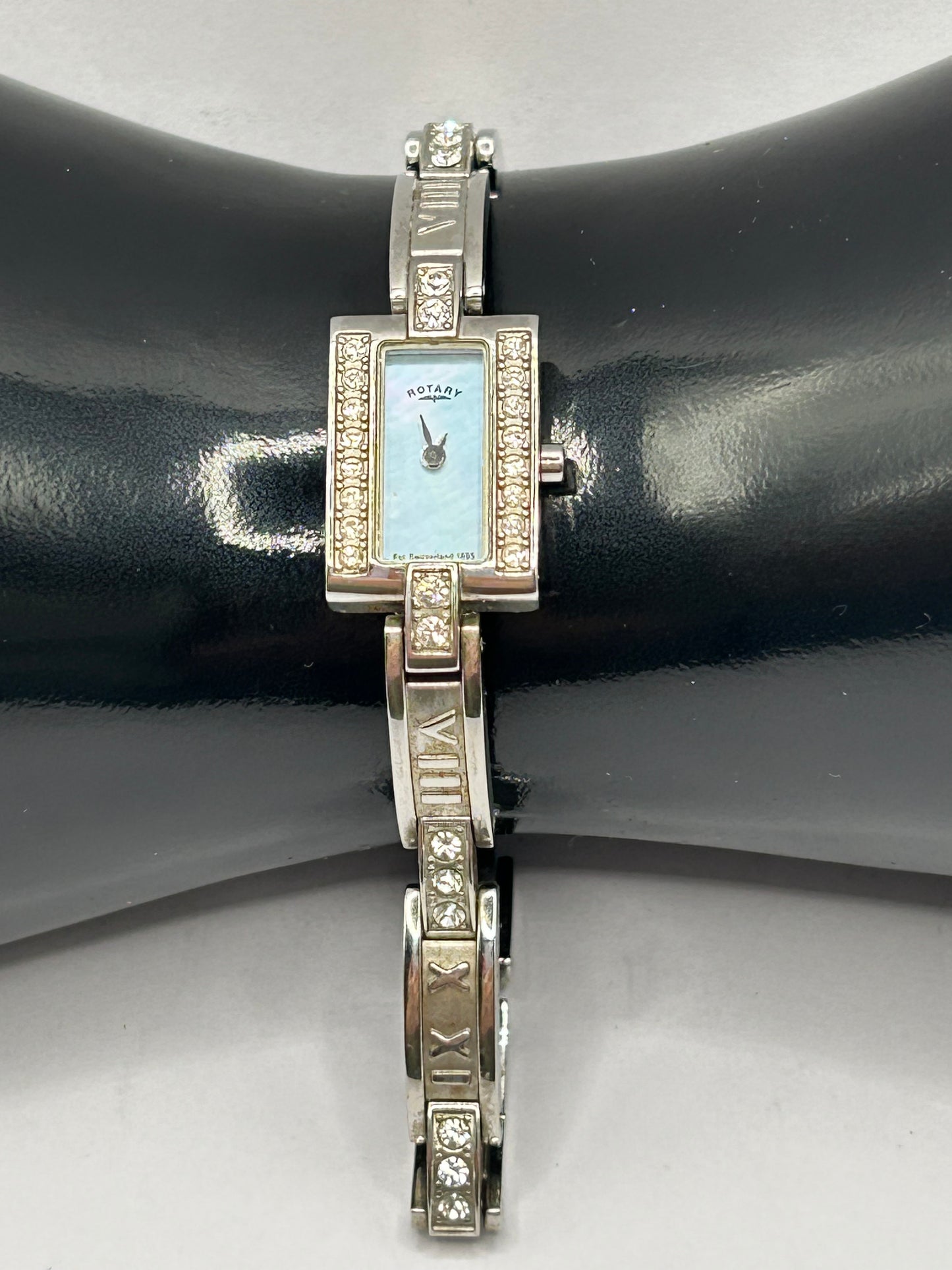 Stylish Rotary Crystal Ladies Bracelet Watch - Silver Tone - Swiss Brand - Roman Numeral Bracelet
