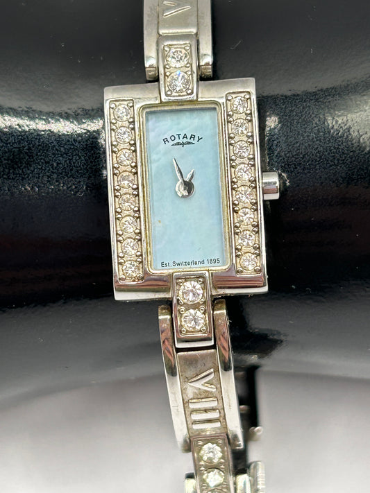 Stylish Rotary Crystal Ladies Bracelet Watch - Silver Tone - Swiss Brand - Roman Numeral Bracelet
