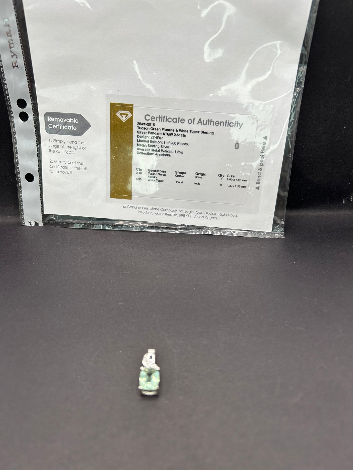 Tucson Green Fluorite & White Topaz Silver Pendant - With Certificate