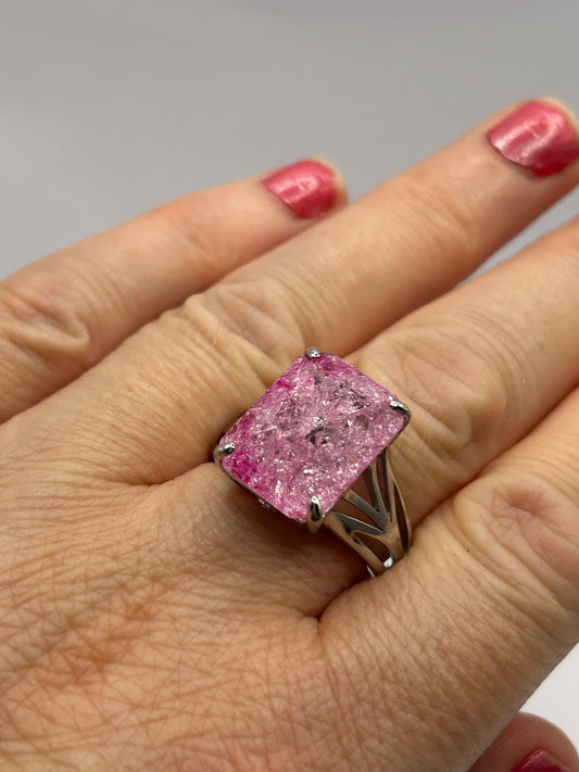 Sterling Silver Pink Crackled Quartz Ring - Size T 1/2 - With Certificate