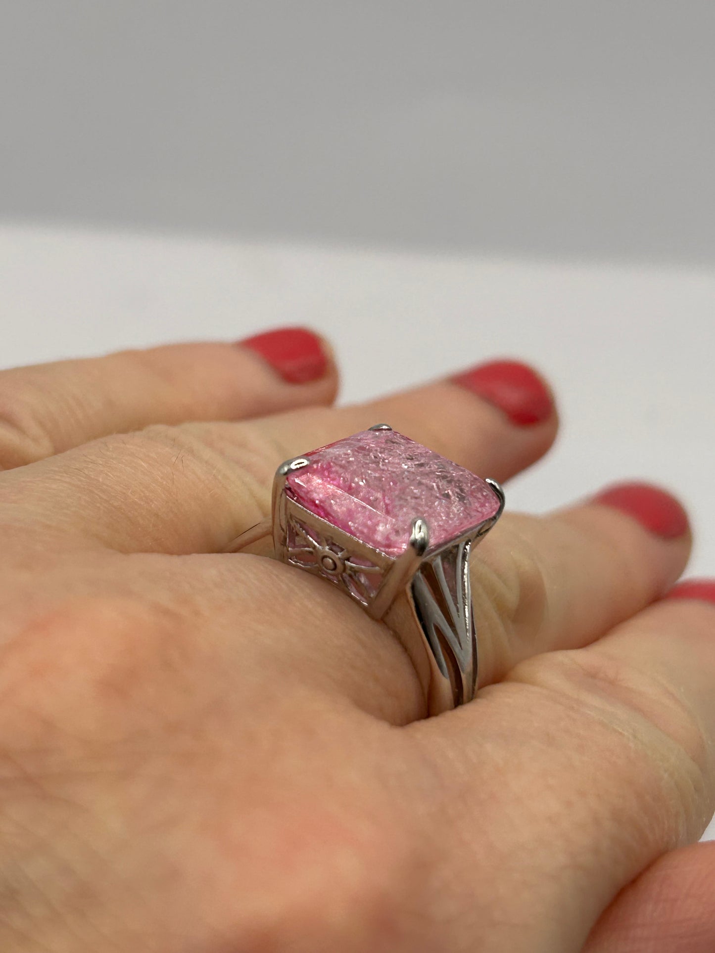 Sterling Silver Pink Crackled Quartz Ring - Size T 1/2 - With Certificate