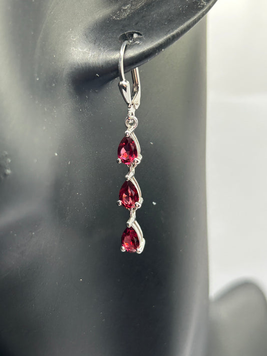 Dazzling 3.04ct Rhodolite Garnet Sterling Silver Triple Drop Earrings (3.38g)