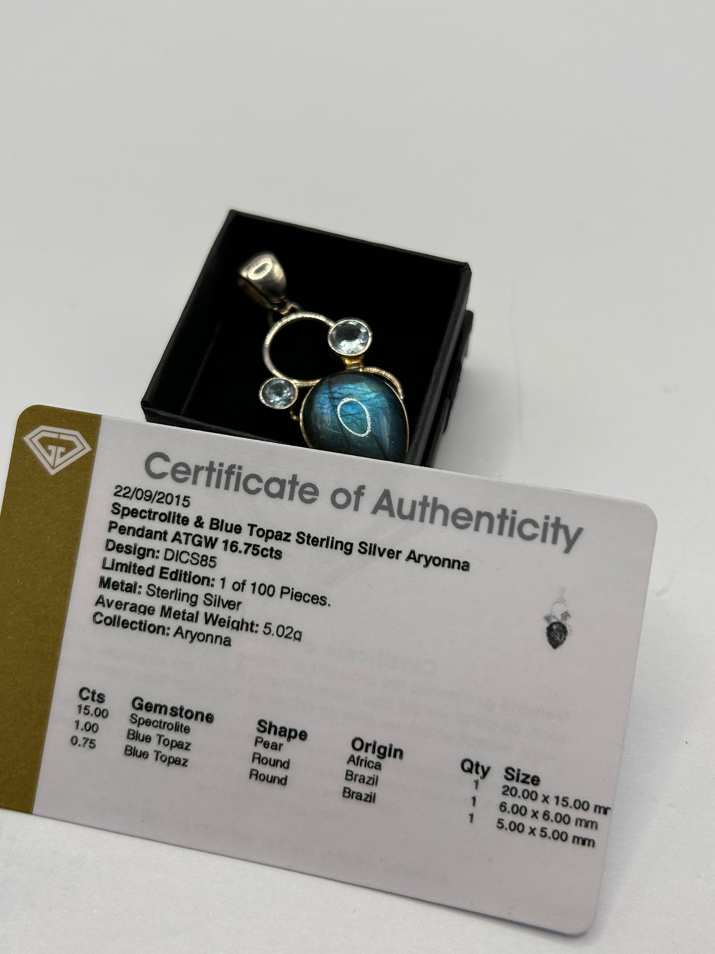 Mesmerising 16.75ct Spectrolite & Blue Topaz Sterling Silver Pendant (5.02g)