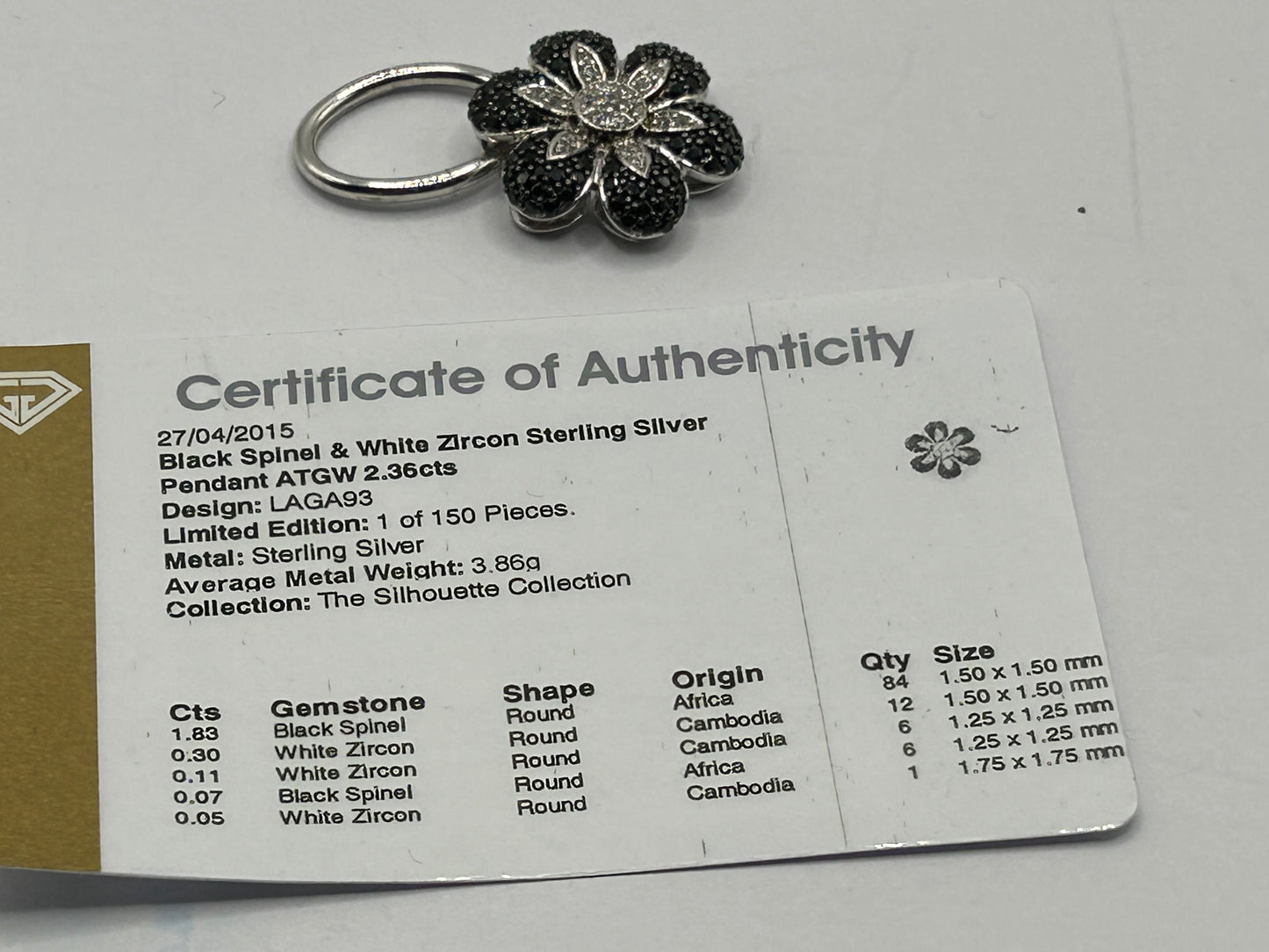 Sparkling 1.14ct Black Spinel & White Zircon Sterling Silver Flower Pendant (3.77g)