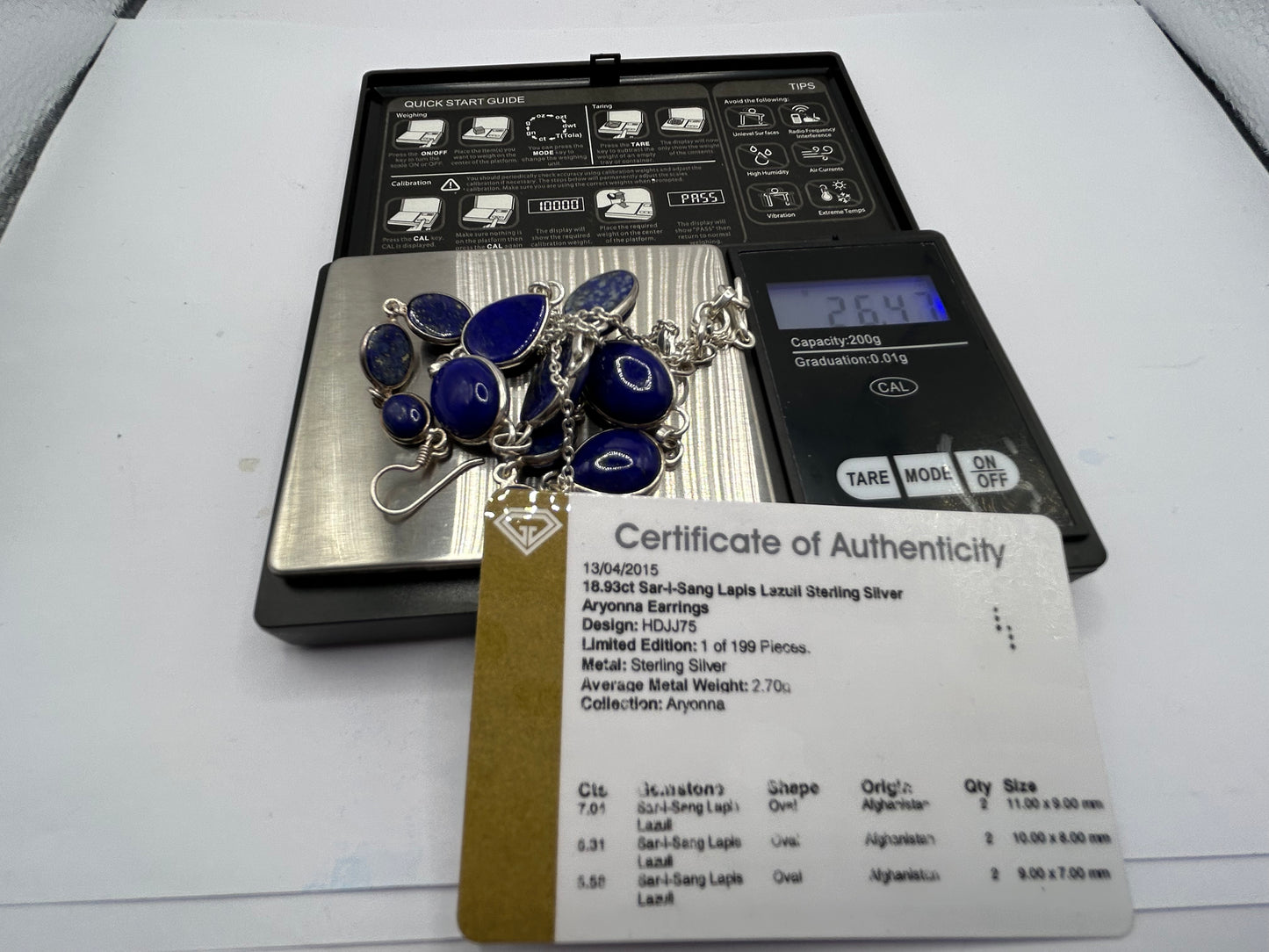 Sar-i-Sang Lapis Lazuli & Sterling Silver Necklace & Earrings Set - 26.34g TW - With Certificate