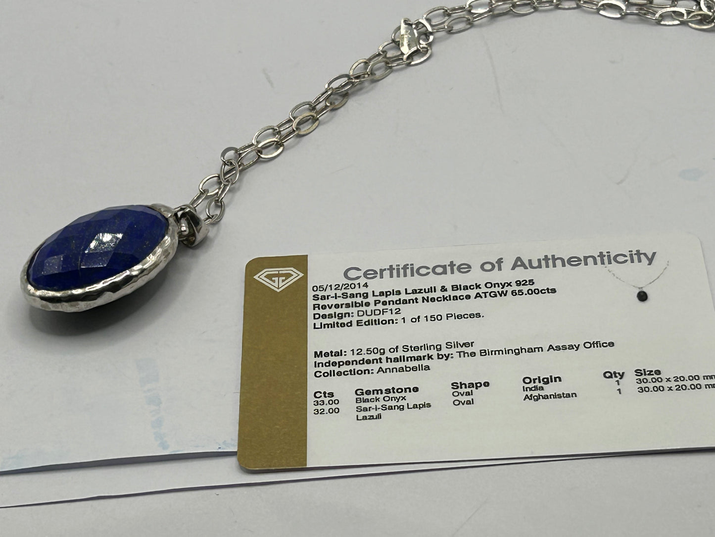 Sar-i-Sang Lapis Lazuli & Onyx Reversible Silver Pendant & 31" Chain - 26.07g - With Certificate