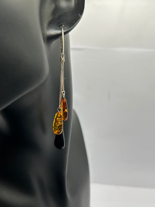 Unique Natural Amber Sterling Silver Drop Earrings - Mixed Shades (4.74g)