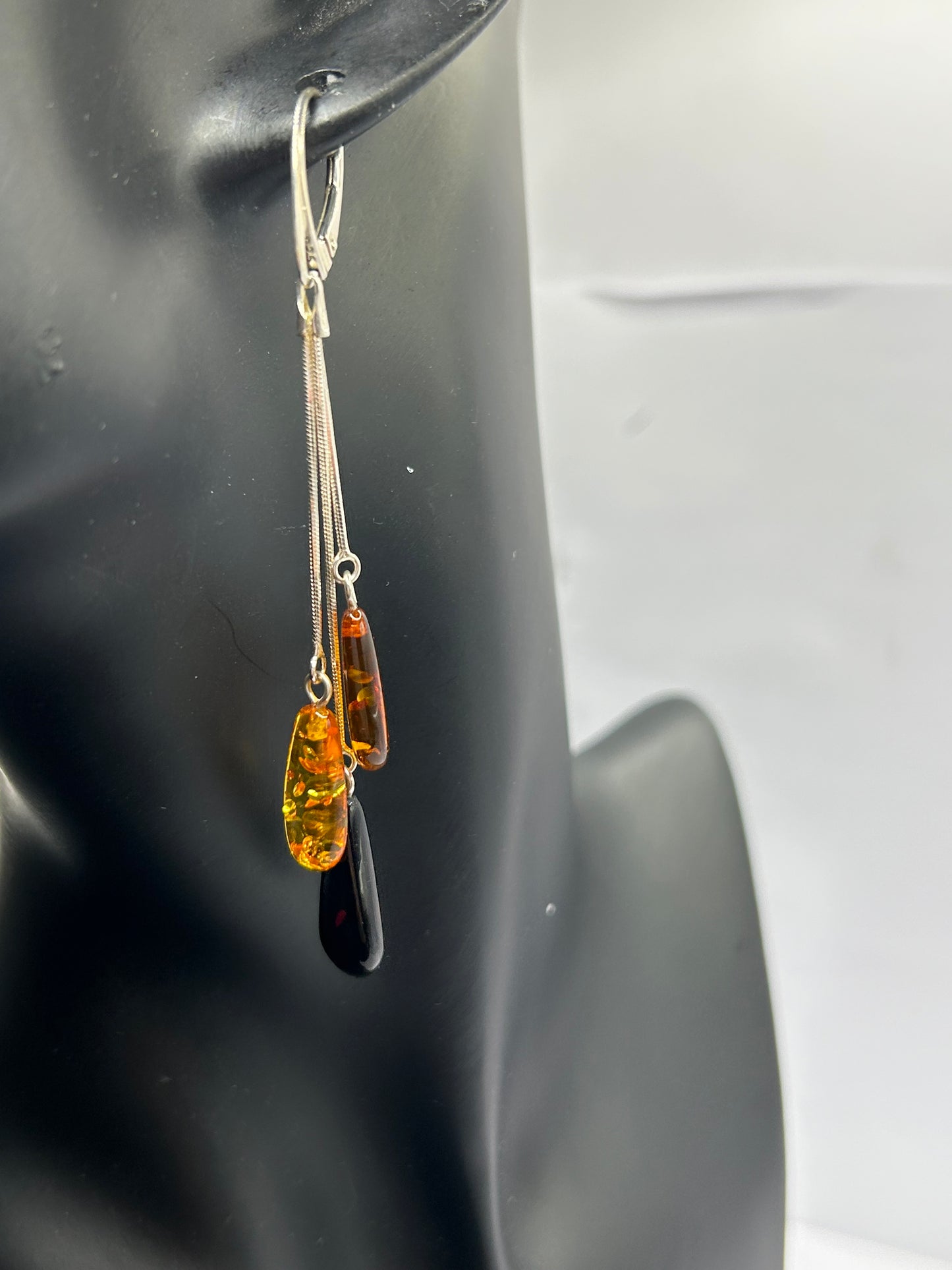 Unique Natural Amber Sterling Silver Drop Earrings - Mixed Shades (4.74g)