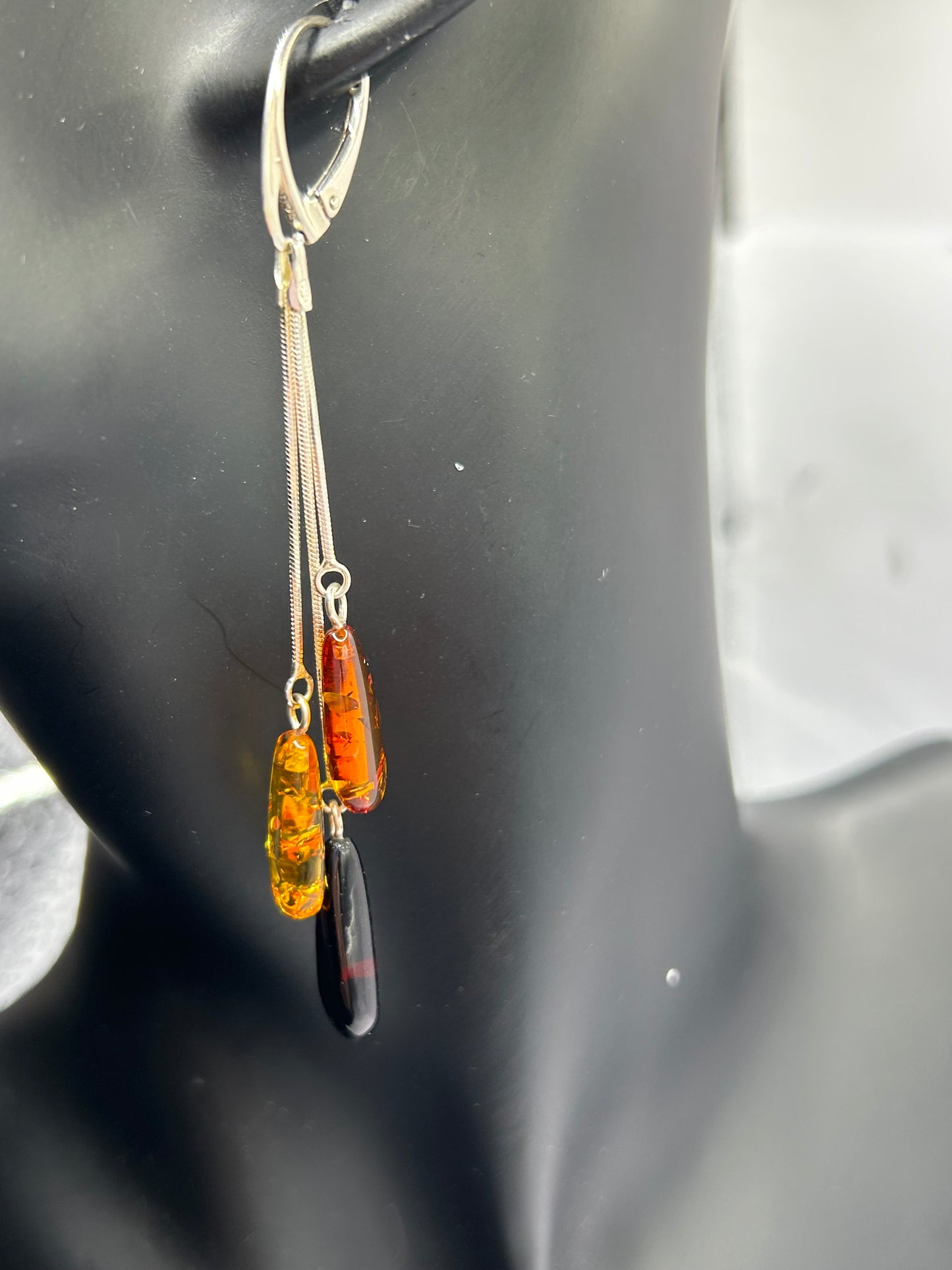Unique Natural Amber Sterling Silver Drop Earrings - Mixed Shades (4.74g)