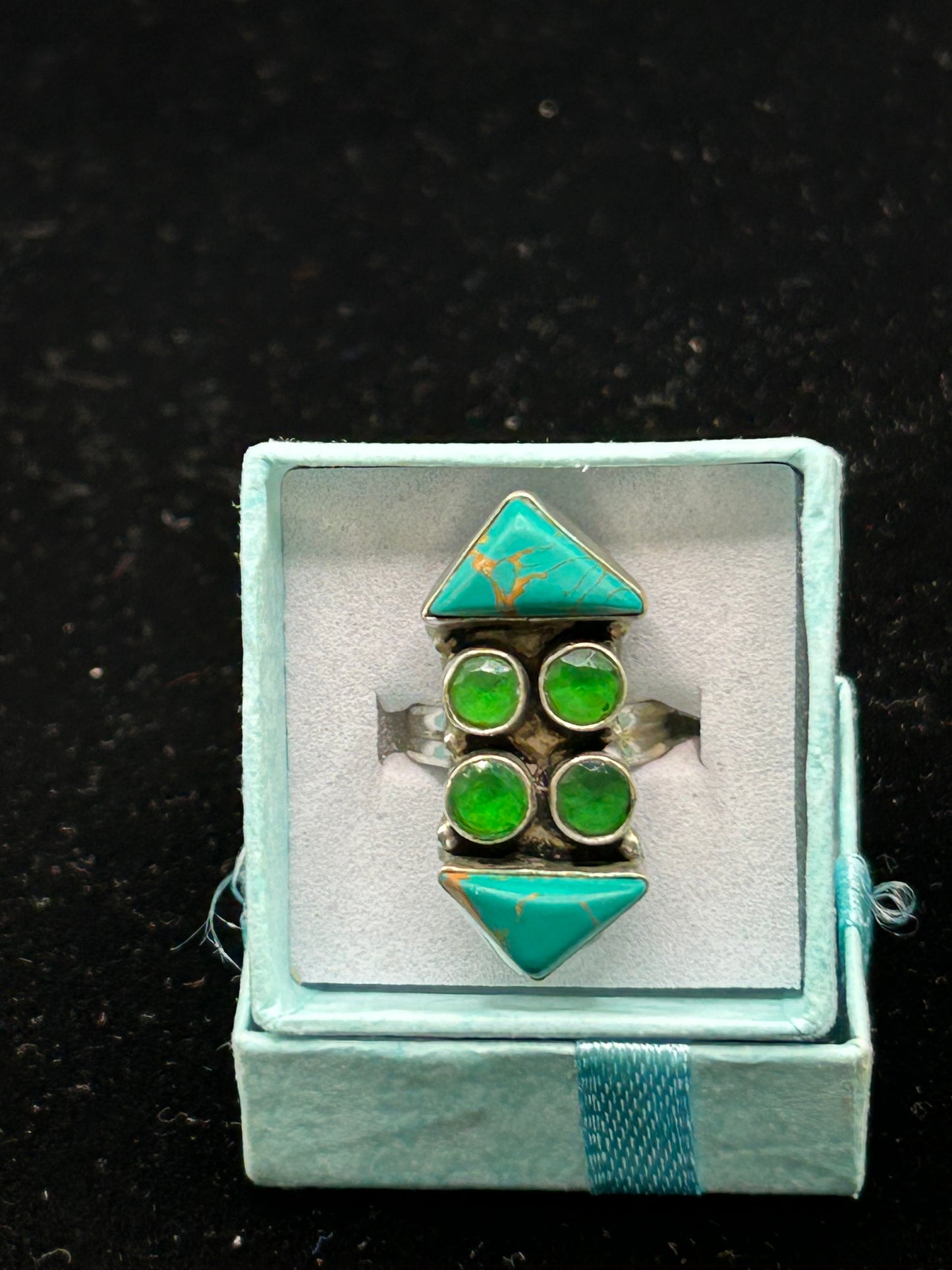 Unique Vintage 925 Sterling Silver Ring with Turquoise & Green Stones | Size L