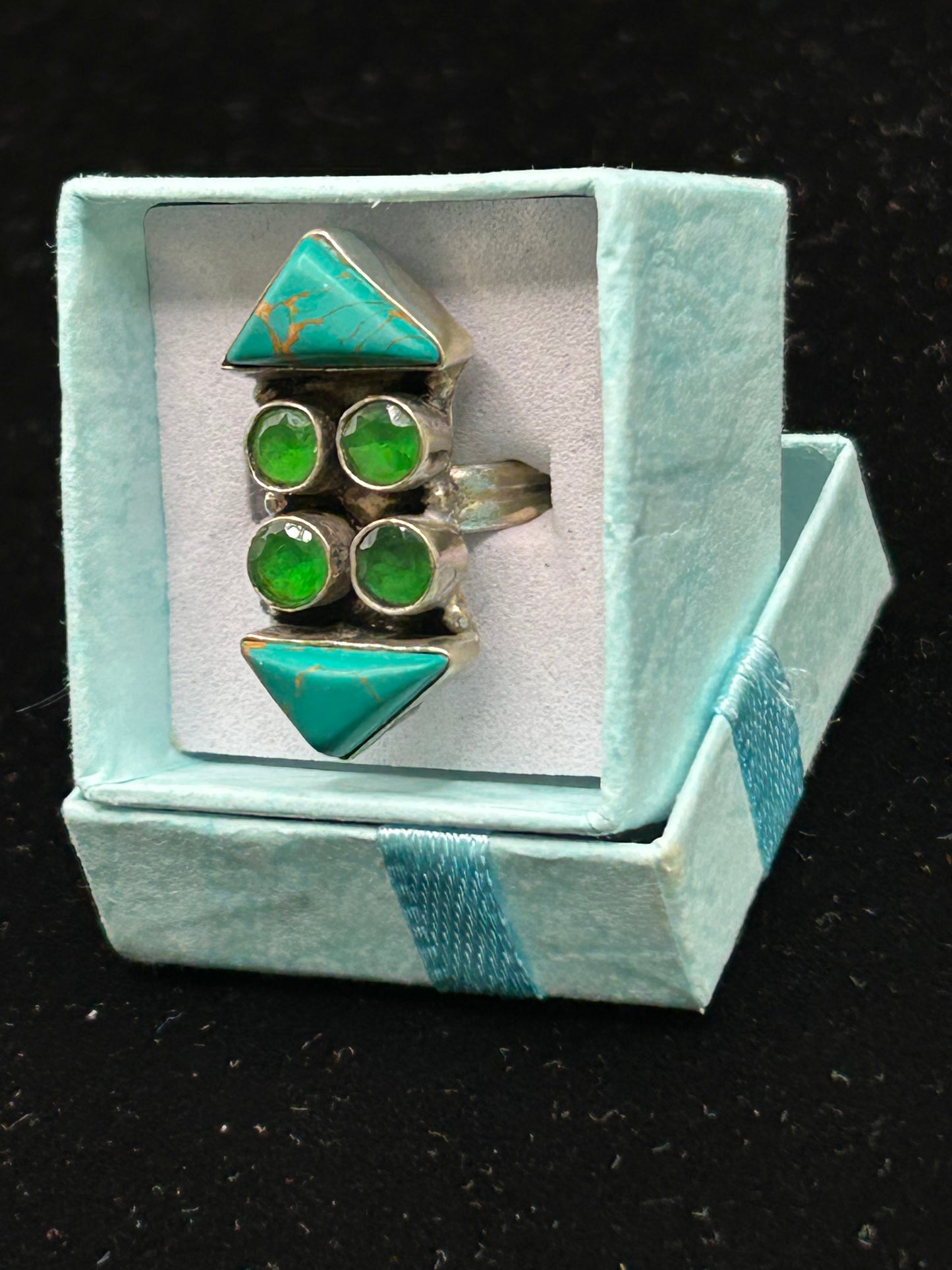 Unique Vintage 925 Sterling Silver Ring with Turquoise & Green Stones | Size L