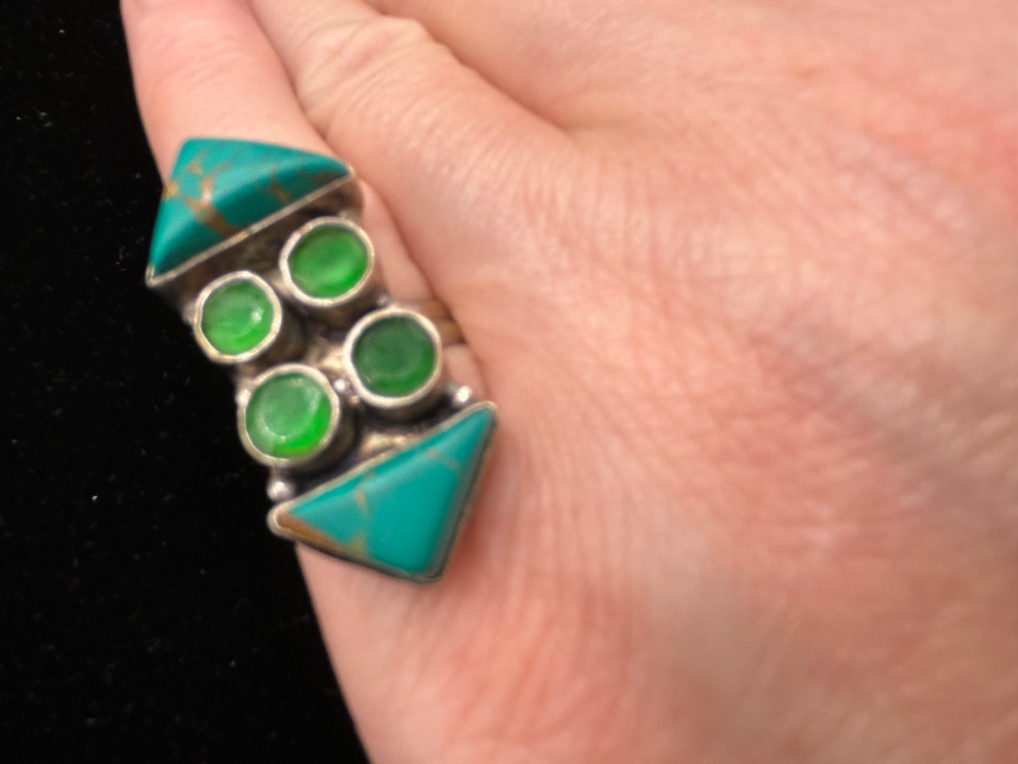 Unique Vintage 925 Sterling Silver Ring with Turquoise & Green Stones | Size L