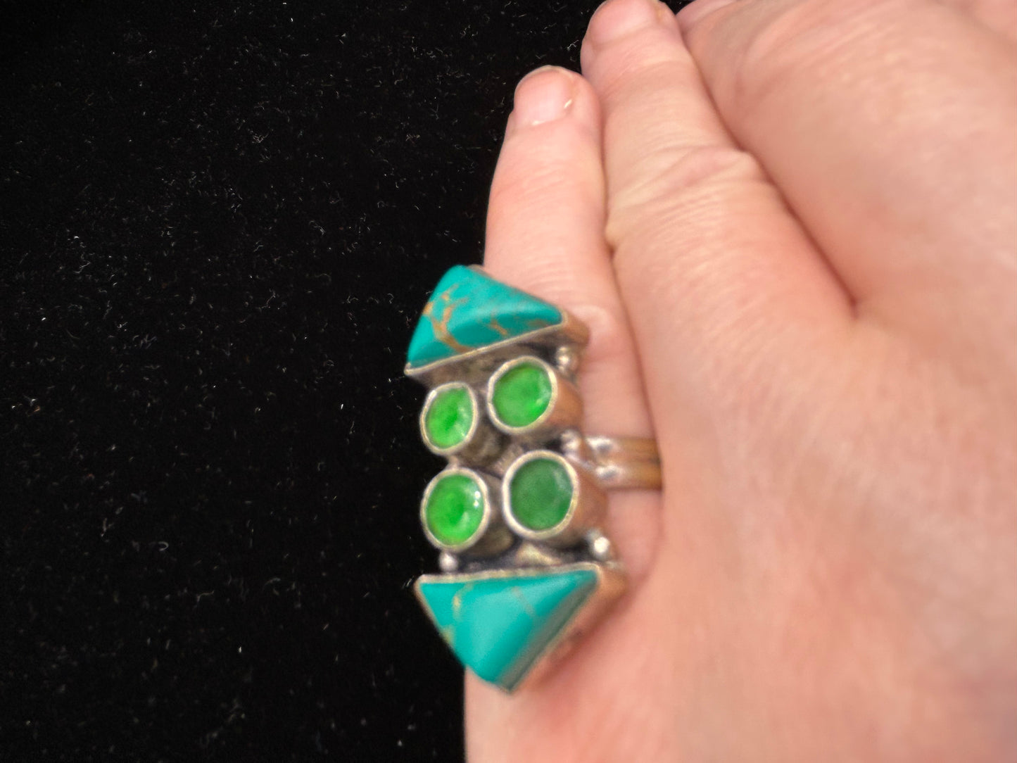 Unique Vintage 925 Sterling Silver Ring with Turquoise & Green Stones | Size L