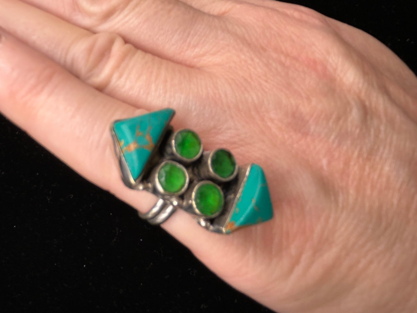 Unique Vintage 925 Sterling Silver Ring with Turquoise & Green Stones | Size L