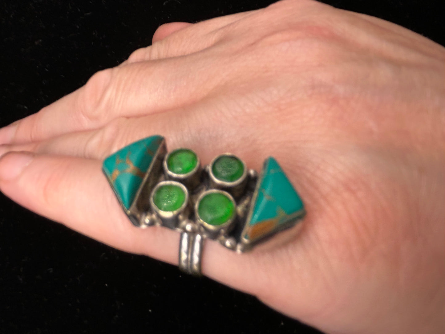 Unique Vintage 925 Sterling Silver Ring with Turquoise & Green Stones | Size L
