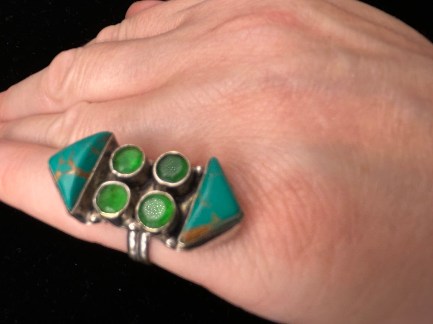 Unique Vintage 925 Sterling Silver Ring with Turquoise & Green Stones | Size L