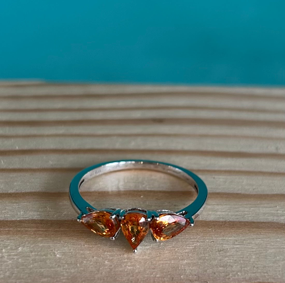 10ct White Gold Madeira Citrine Trilogy Ring Pear Cut Hallmarked