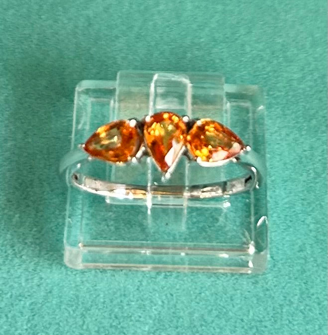 10ct White Gold Madeira Citrine Trilogy Ring Pear Cut Hallmarked