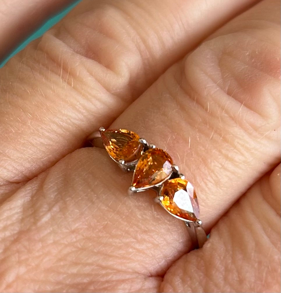 10ct White Gold Madeira Citrine Trilogy Ring Pear Cut Hallmarked